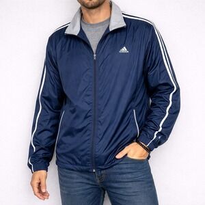 Adidas Vintage Windbreaker Jacket Mens XL Navy Blue White‎ Full Zip Mesh Lined